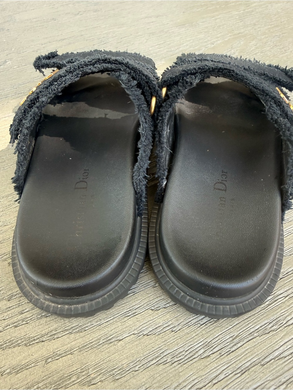 Dior Black Frayed Double-Strap Slide Sandals with Gold Logo - Picture 4 of 7